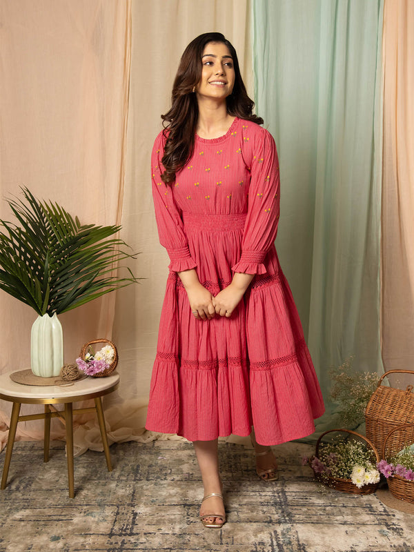 Radiant Meadows Cerise Pink Cotton Kantha Tiered Dress