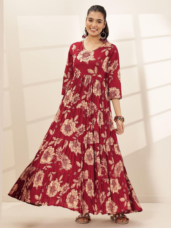 Cotton Maroon Floral Printed Fit and Flared Dress for Women