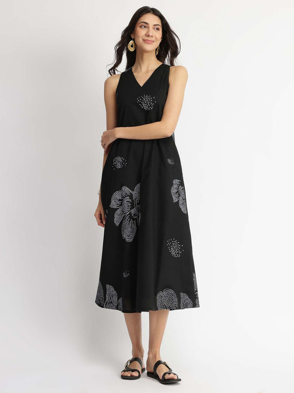 Black Cotton Bandhani Print A-Line Dress