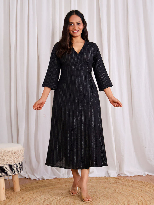 Black Cotton Dobby Lurex A Line Wrap Dress