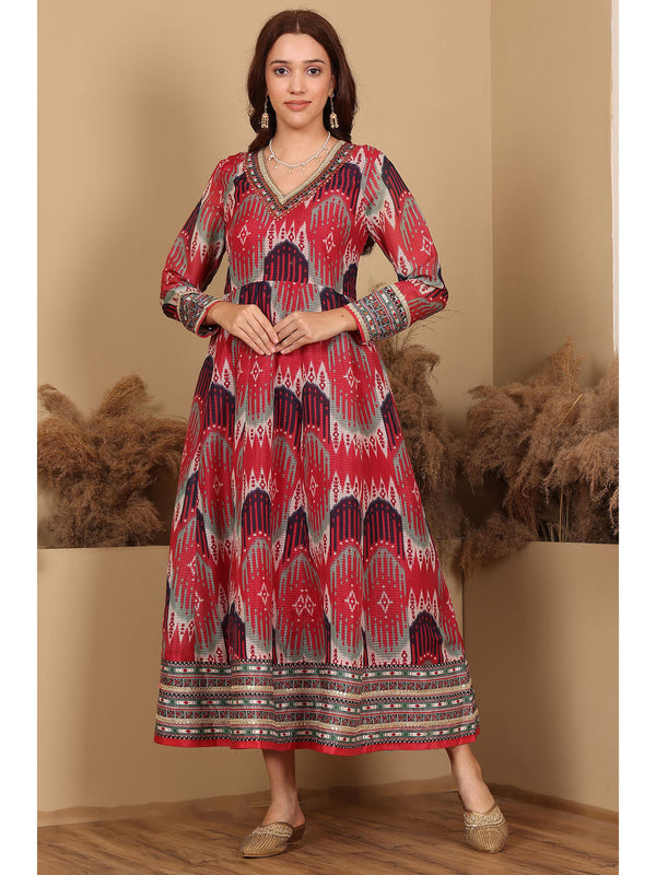 Red Printed Midi Dress