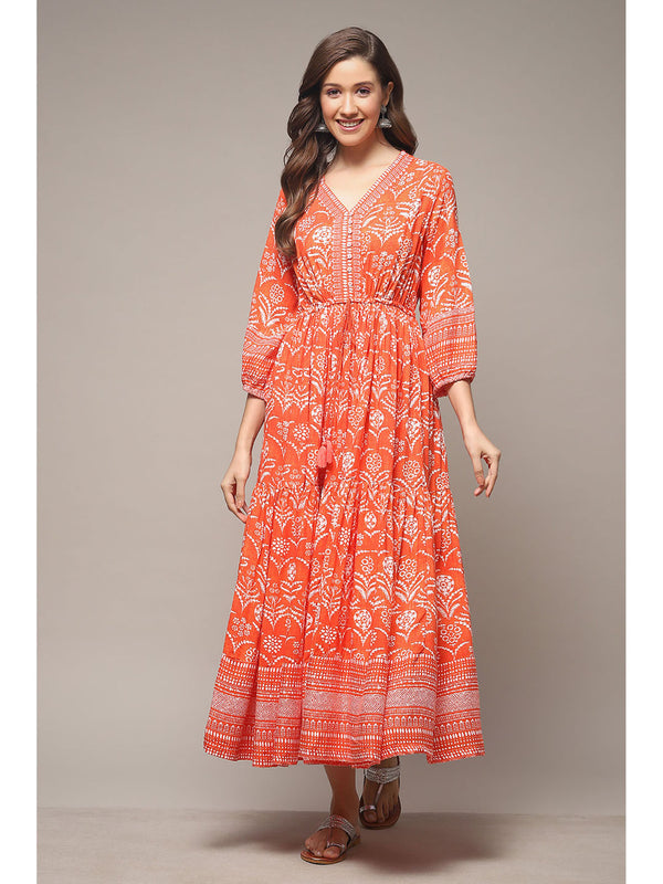 Womens Orange Printed Rayon Tired Dress