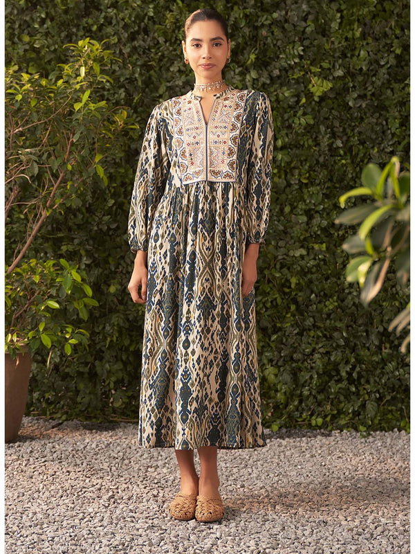 Blue Printed Rayon Flared Dress