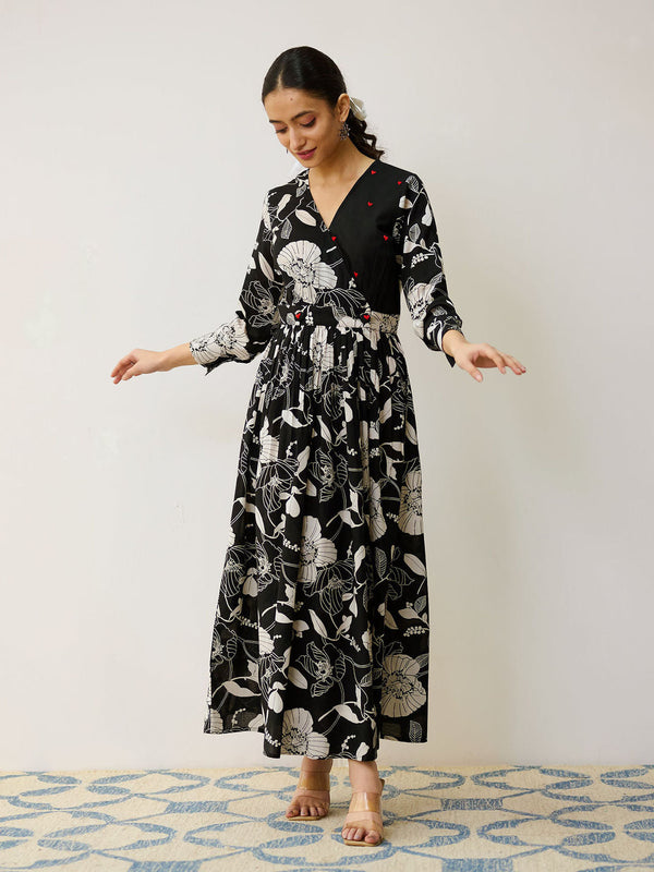 Black Ayesha Cotton Overlap Dress with Hand Embroidery Detail