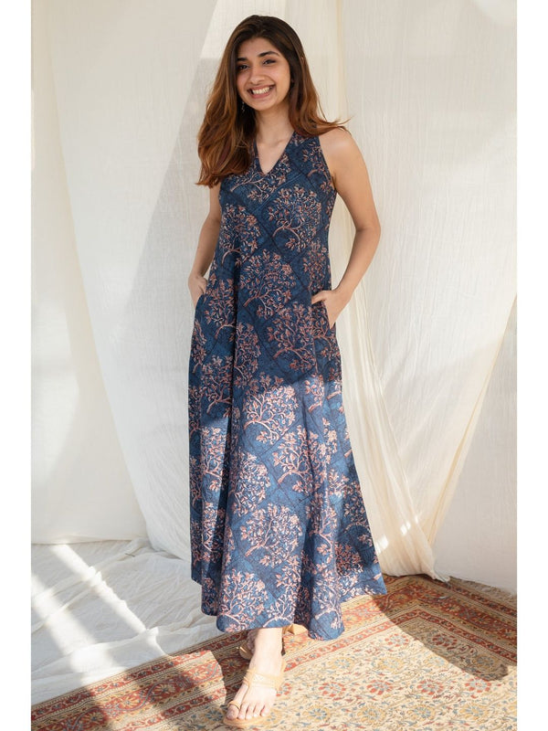 Indigo Halter Neck Cotton Maxi Dress