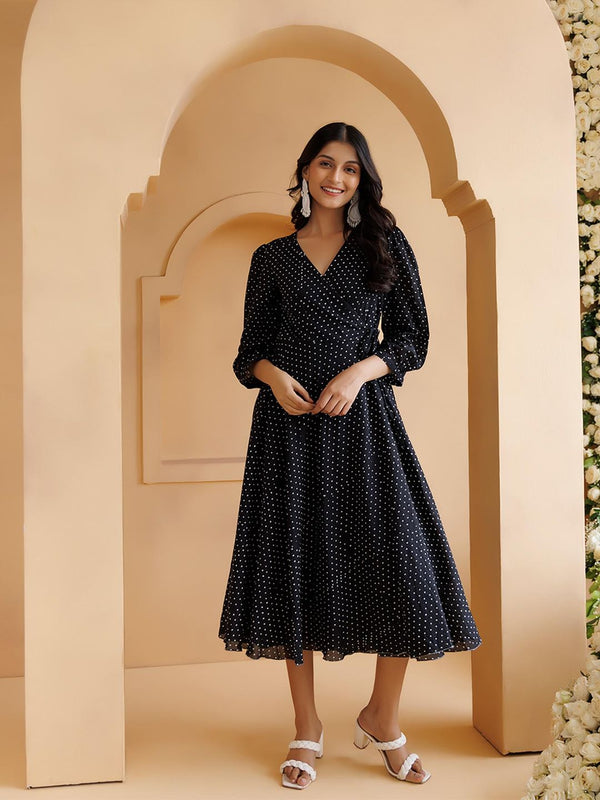Qala Black Polka Hand Block Printed Midi Dress