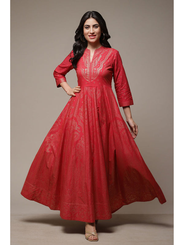 Womens Red Printed Cotton Straight Dress