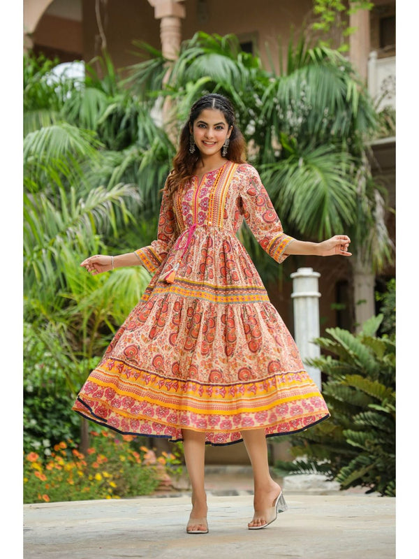 Beige Pure Cotton Ethnic Motifs Print Anarkali Kurta Dress