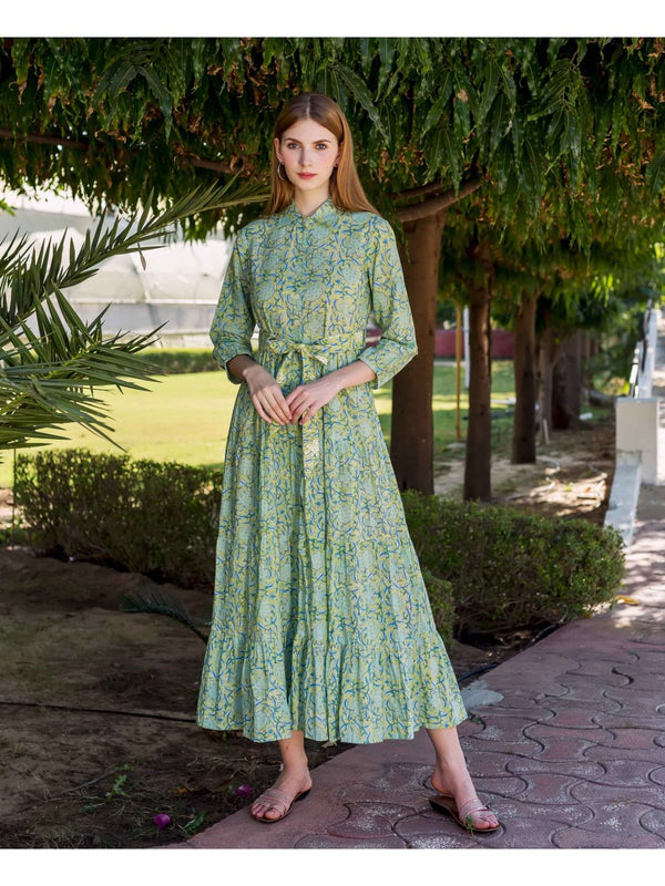 Lime Green Shirt Collar Dress With Belt (Set of 2)