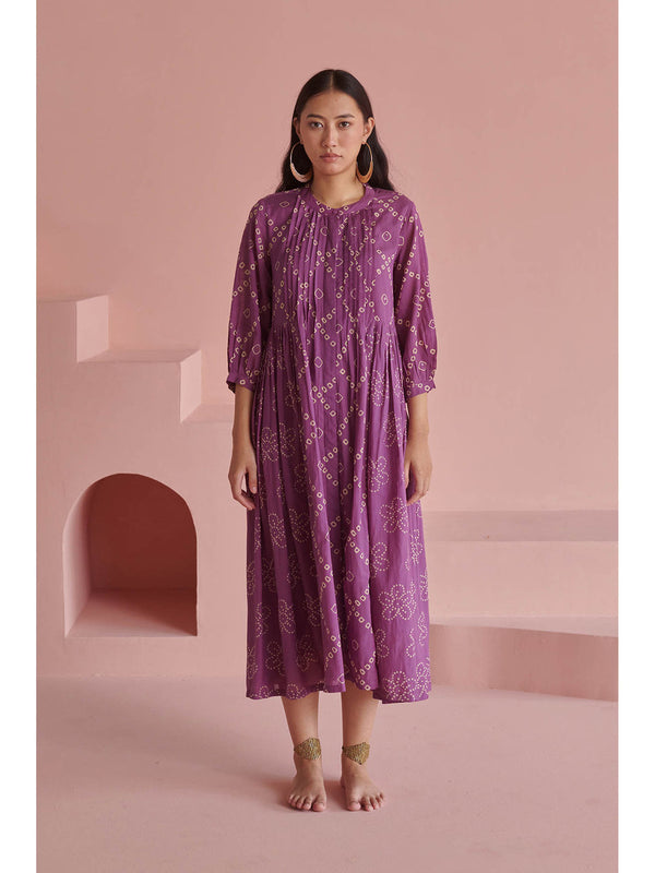 Purple Bandhej Pleated Dress