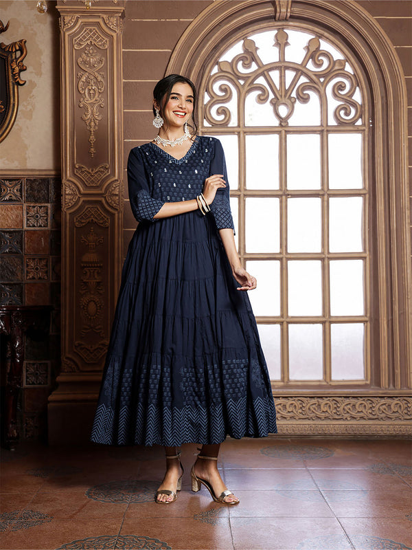 Navy Blue Embellished Printed V-Neck Maxi Tiered Dress