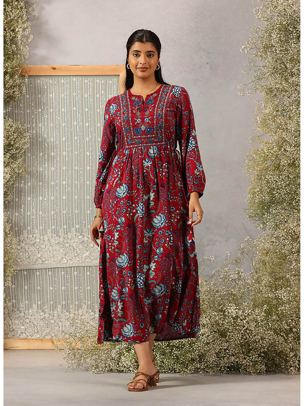 Maroon Printed Rayon Dress For Women