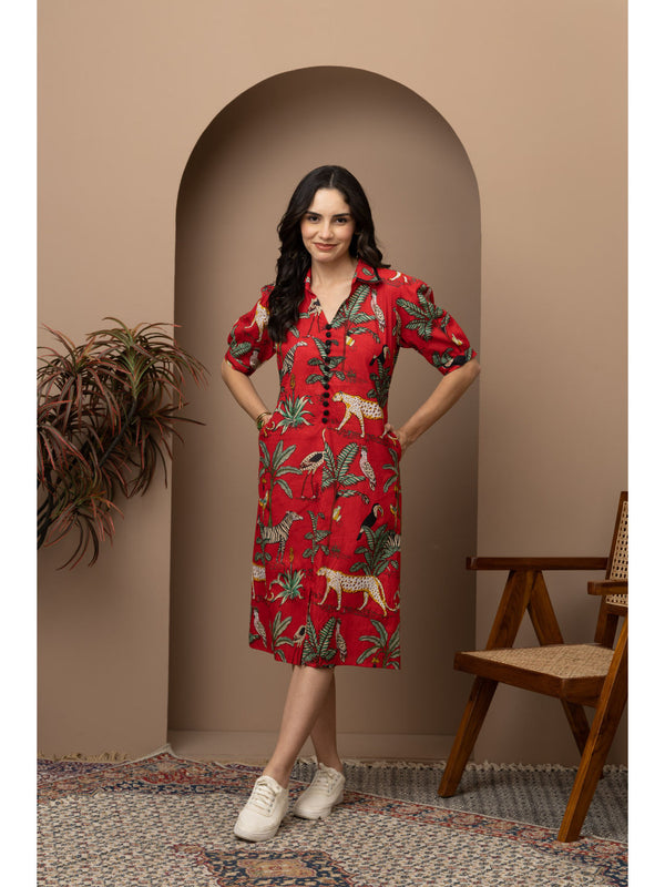 Jungle Red Printed Cotton Midi Dress