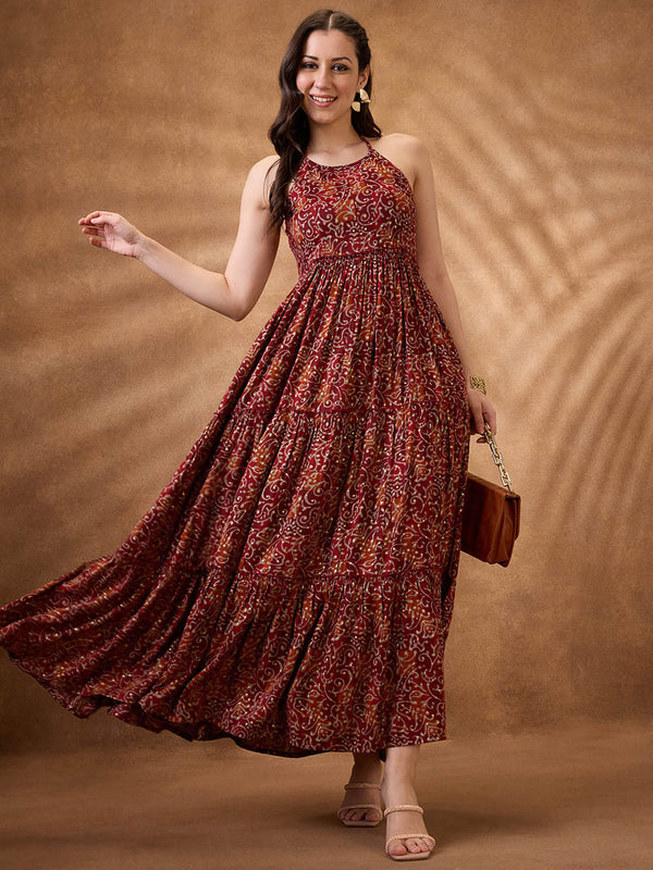 Women Maroon Paisley Print Fit and Flare Tiered Maxi Fusion Dress