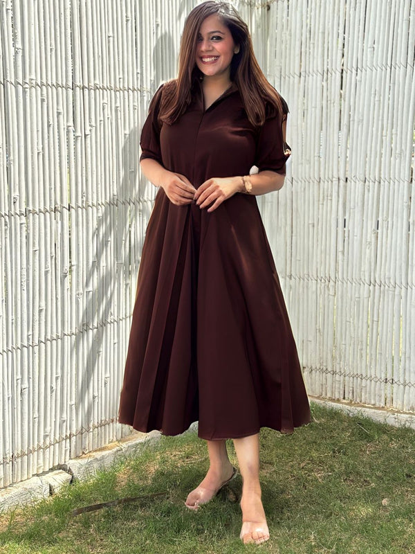 Brown Cotton A-Line Dress