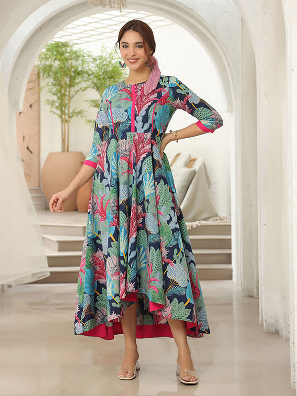 Women Blue Cotton Round Neck Dress